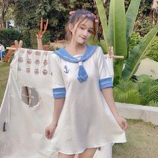 Sailor Collar Elbow-sleeve Dress As Shown In Figure - One Size
