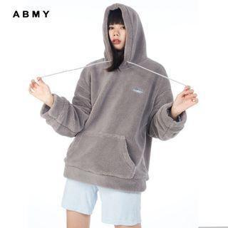 Faux Shearling Lettering Hooded Oversize Pocket Sweatshirt