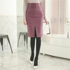 Buckled-waist Slit-front Pencil Skirt