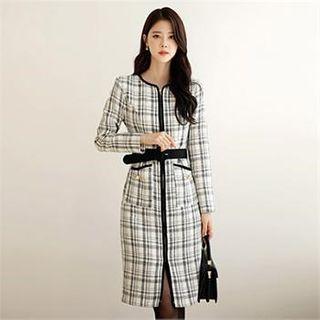 Zip-front Plaid Coatdress With Belt