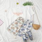 Letter Print Short Sleeve T-shirt / Floral Print Mini A-line Skirt
