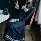 Set: Sailor Collar Long-sleeve Top + Pleated Maxi A-line Skirt