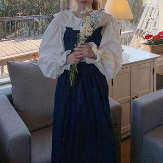 Ruffle Collar Blouse / Denim Midi A-line Overall Dress