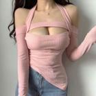 Long-sleeve Off-shoulder Cut-out High-low T-shirt
