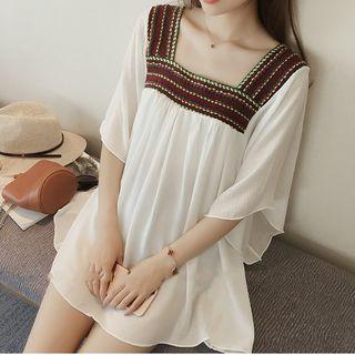 Square-neck 3/4-sleeve Chiffon Top