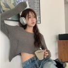 Long-sleeve Ripped Cropped Knit Top Gray - One Size