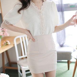 Lace-trim Puff-sleeve Cardigan