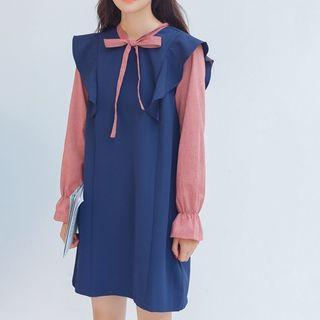 Mock Two-piece Long-sleeve Mini Dress Navy Blue - One Size