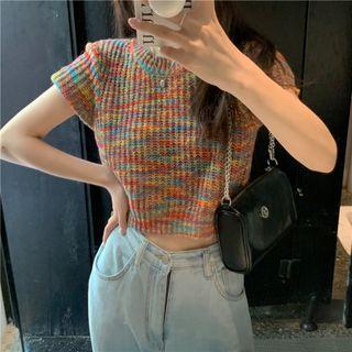 Short-sleeve Melange Knit Top Red & Blue & Yellow - One Size