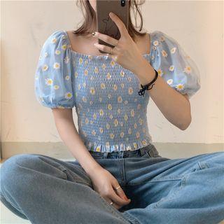 Mesh Puff-sleeve Flower Print Slim-fit Top