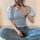 Mesh Puff-sleeve Flower Print Slim-fit Top