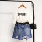 Set: Lettering Elbow Sleeve T-shirt + Distressed A-line Denim Skirt