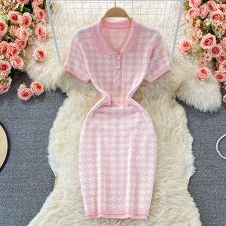 Short Sleeve Houndstooth Polo Knit Dress