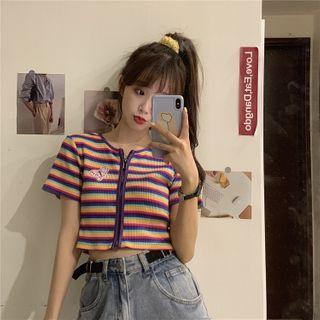 Zip Striped Short-sleeve Top