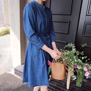 Round-neck Hidden-button Denim Dress With Sash