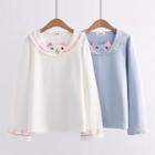 Cat Embroidered Collared Long-sleeve T-shirt