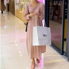 Square Neck Long-sleeve Midi A-line Dress Light Pink - One Size