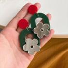 Flower Drop Earring 1 Pair - Silver Stud - Red & Green - One Size