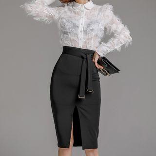 Set: Fringed Blouse + Slit Pencil Skirt