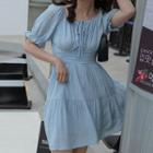 Square Neck Tie Neck Ruched Puff Short Sleeve Dress