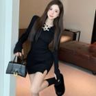 Long-sleeve Collared Frog Button Knit Mini Sheath Dress Black - One Size