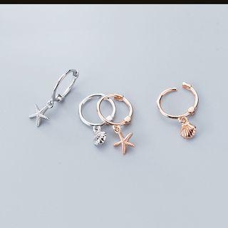 925 Sterling Silver Non-matching Shell & Starfish Dangle Earring