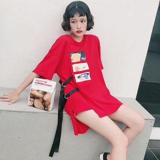 Buckle-accent Cutout-hem Long T-shirt