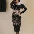 Off-shoulder Bow-accent Lace Midi Dress