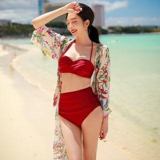 Set Of 2: Floral Print Cover-up + Strapless Swim Top + Swim Shorts