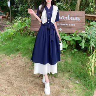Elbow-sleeve Ruffled Two-tone Midi A-line Dress