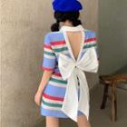 Short-sleeve Striped Mini Sheath Polo Dress Stripes - Blue - One Size