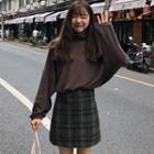 Long-sleeve Mock-neck T-shirt / Plaid Mini A-line Skirt