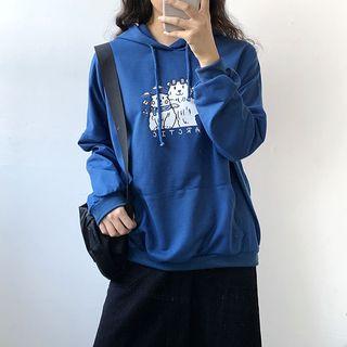 Long-sleeve Printed Hoodie Dark Blue - One Size