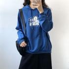 Long-sleeve Printed Hoodie Dark Blue - One Size