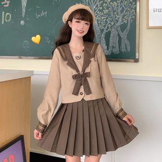 Sailor Collar Long-sleeve Top / Mini Pleated Skirt