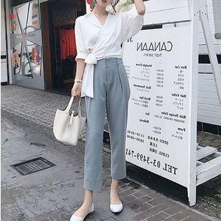 Set: V-neck Elbow-sleeve Blouse + Cropped Pants