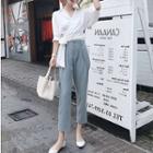 Set: V-neck Elbow-sleeve Blouse + Cropped Pants