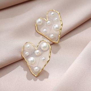 Faux Pearl Heart Earring 1 Pairs - 925 Silver Needle - White - One Size
