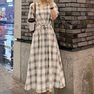 Short-sleeve V-neck Button Plaid Midi Dress
