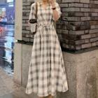 Short-sleeve V-neck Button Plaid Midi Dress