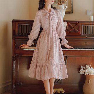 Tie-neck Fringed Bell-sleeve Midi A-line Dress