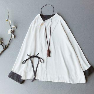 Long-sleeve Tie-waist Linen Blend Top