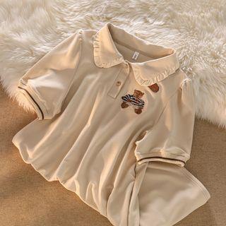 Puff-sleeve Bear Embroidered A-line Polo Dress