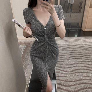 Short-sleeve Knit Twist-front Midi Sheath Dress