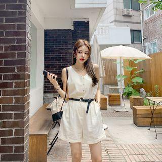 Set: Sleeveless Blouse + Belted Roll-up Shorts