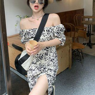 Off-shoulder Flower Print Side-slit Sheath Dress
