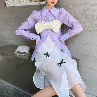 Plain Mesh Blouse / Bow Cropped Camisole Top