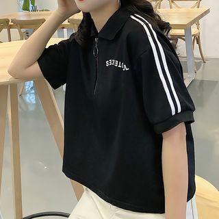 Lettering Short-sleeve Half-zip Polo Shirt