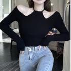 Long-sleeve Plain Off-shoulder Slim Fit Halter Top Black - One Size