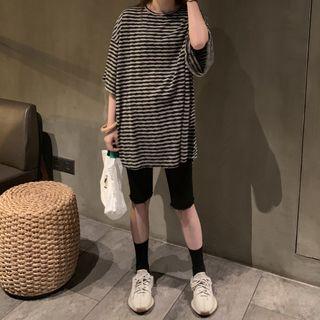 Elbow-sleeve Striped T-shirt Ash Black - One Size